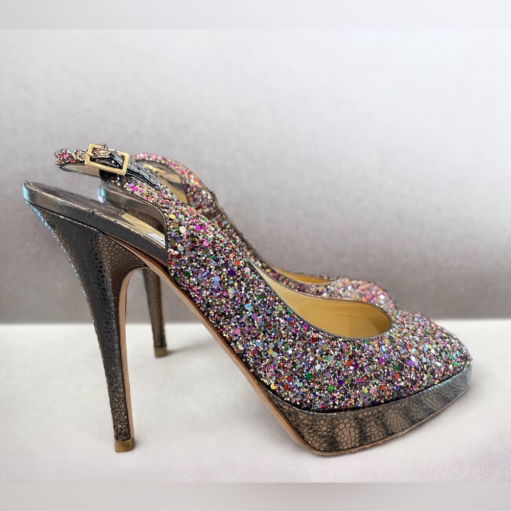 Jimmy Choo Peep Toe, Strap Heel Sz. 38.5, Runs Small